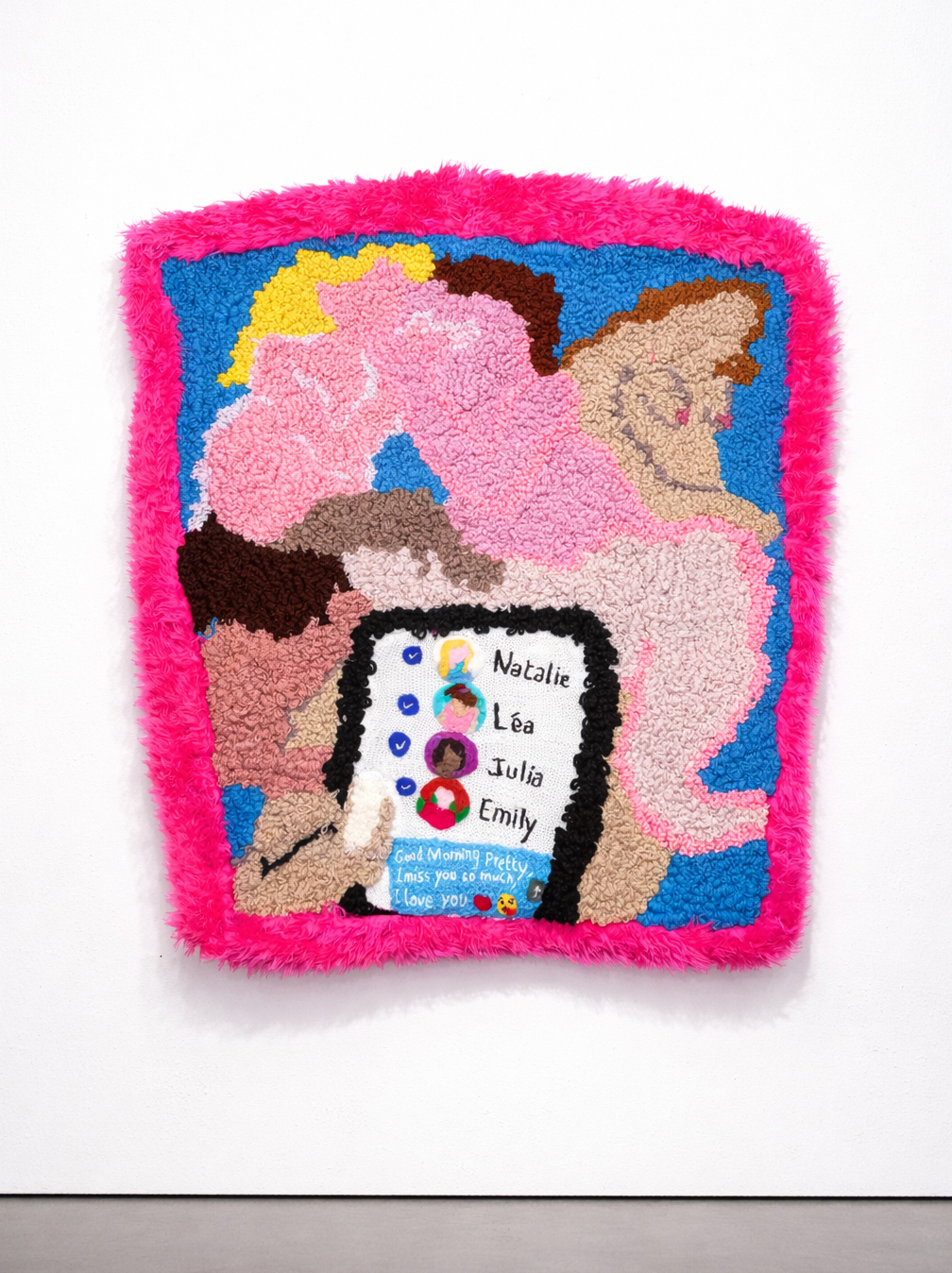 &Eacute;va Ostrowska, Who Says Men Can't Multitask, tufted wool and fake fur tapestry showing a man texting multiple women while in bed, contemporary textile art about digital infidelity and dating fatigue, 2024