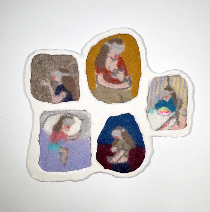 &Eacute;va Ostrowska, Absences in Real Life vs. Virtual Presences in a Virtual Life, felted wool and Jesmonite sculpture depicting a woman embracing a robot partner, contemporary art about human-robot relationships and digital loneliness, 100 &times; 90 cm, 2024