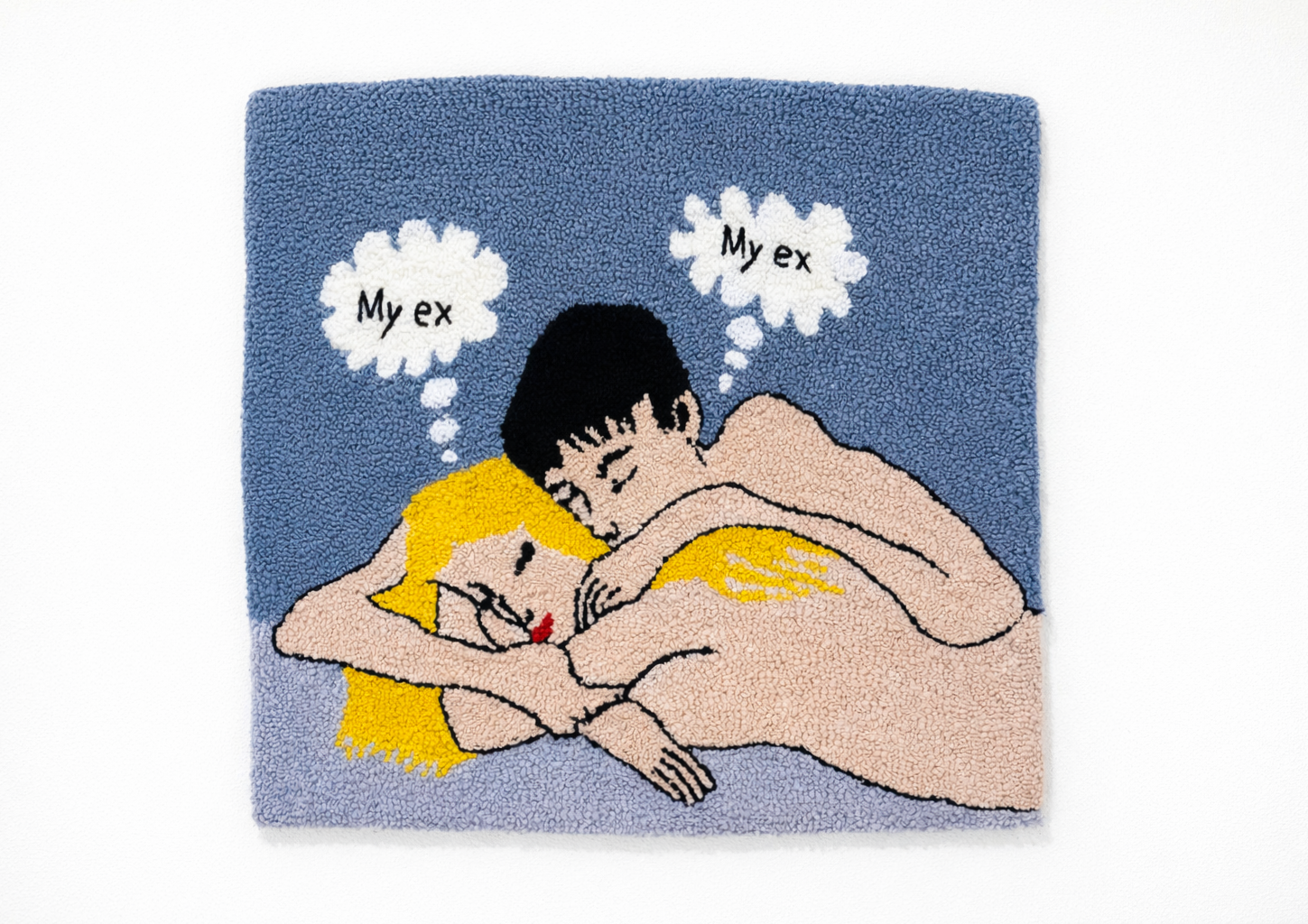 &Eacute;va Ostrowska, Dating in Your 30s, embroidered wool tapestry depicting a couple in bed both dreaming of their ex-partners, contemporary textile art about modern dating fatigue and romantic nostalgia, 65 &times; 65 cm, 2023