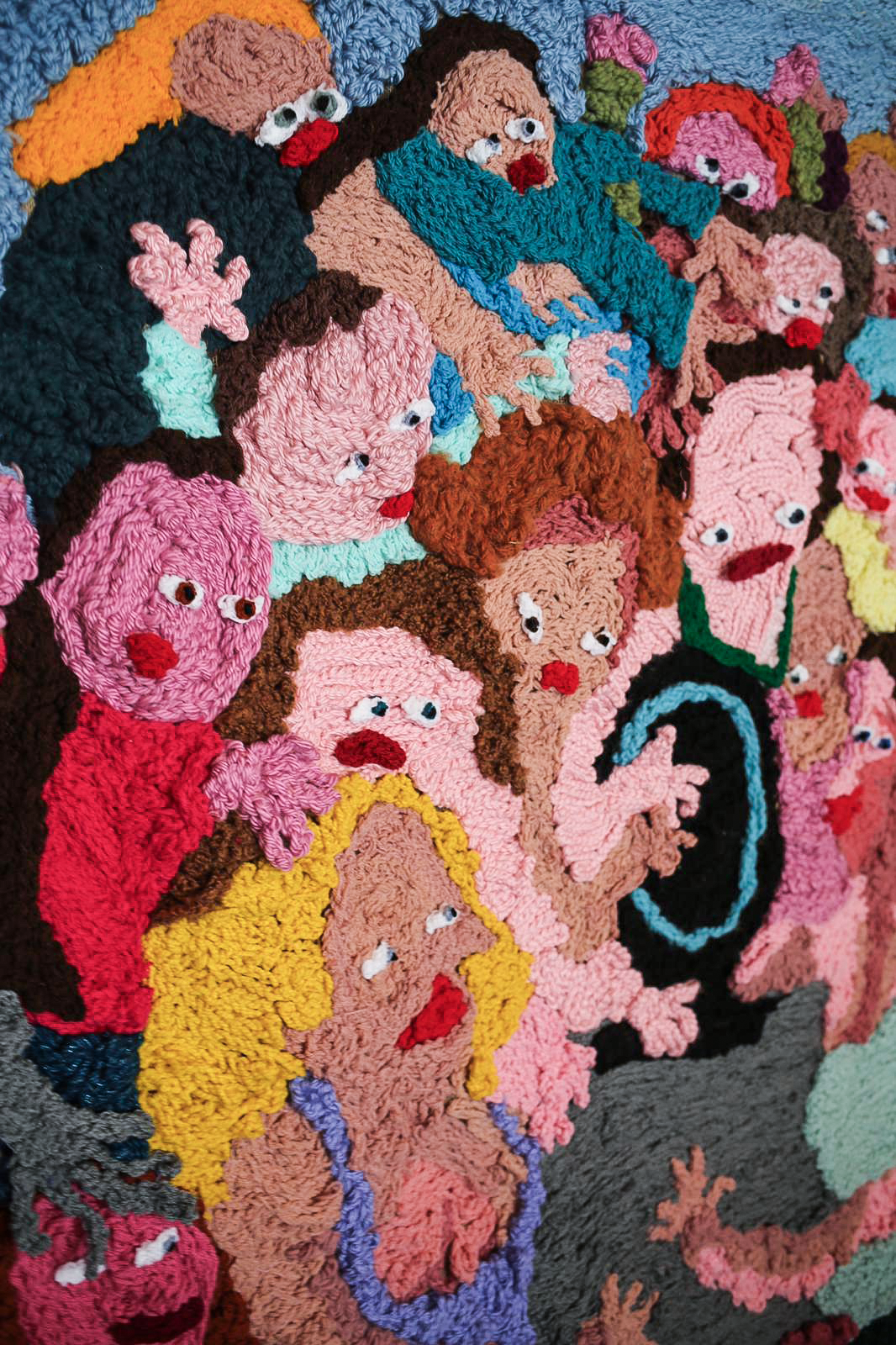 &Eacute;va Ostrowska, Here to Steal Your Wives, detail of embroidery tapestry about AI companions and automated intimacy, contemporary textile art, 2026