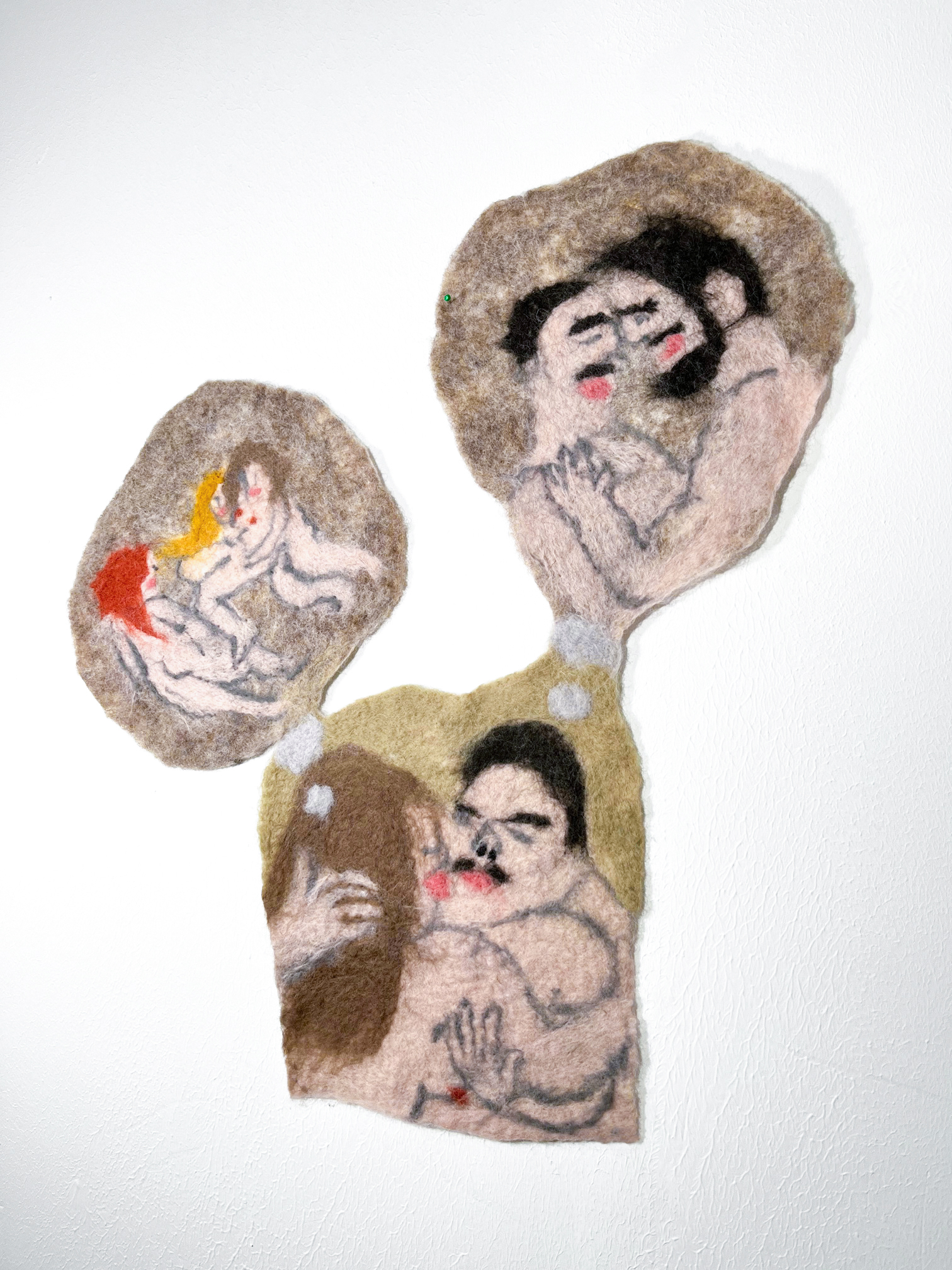 &Eacute;va Ostrowska, Heterosexuality Nowadays, felted wool textile artwork depicting couples embracing with thought bubbles revealing inner doubts and distractions, contemporary fiber art about modern heterosexual relationships and dating fatigue, 2024
