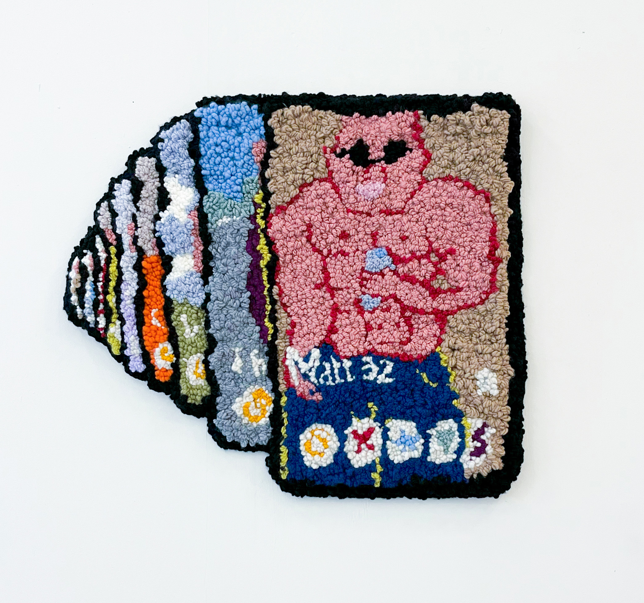 &Eacute;va Ostrowska, How Many Swipes for a Blow of Fate, hand-tufted wool sculpture depicting a stack of dating app profiles with swipe buttons, contemporary textile art about online dating fatigue and the search for love through algorithms