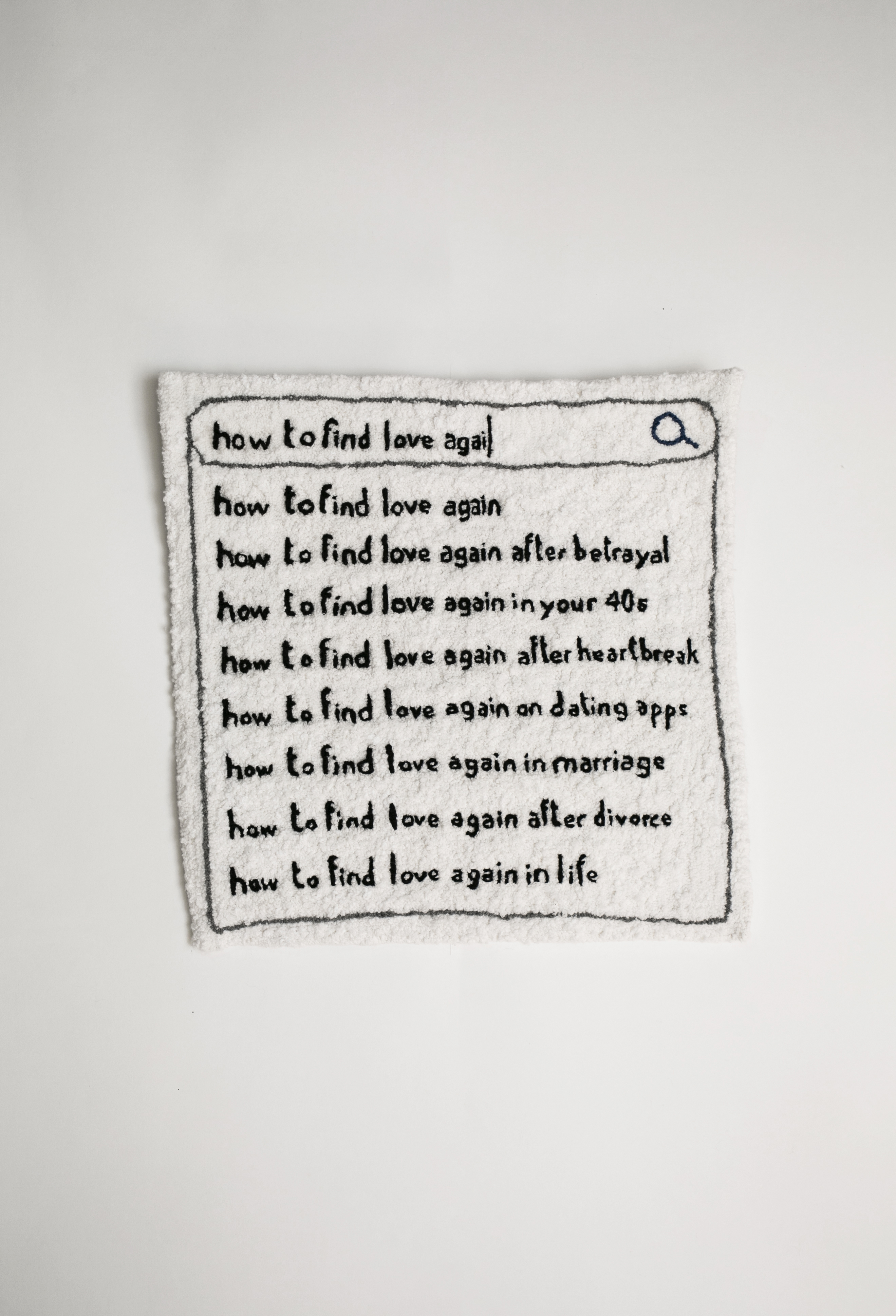 &Eacute;va Ostrowska, I'm Not the Only One Wondering, wool textile artwork exploring online dating anxiety and digital waiting, contemporary fiber art, 2019