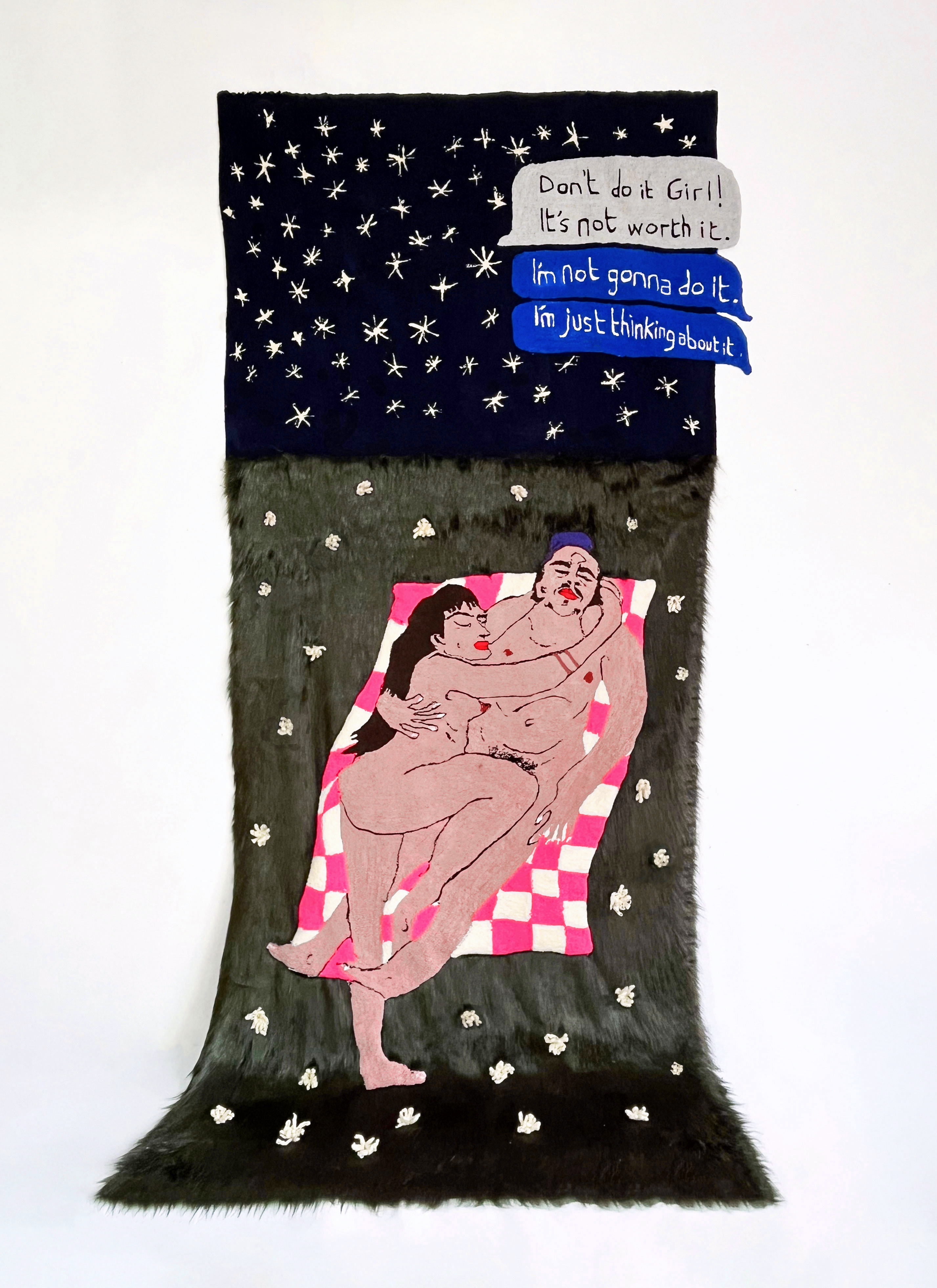 &Eacute;va Ostrowska, I Did It, tufted wool and fake fur tapestry showing a couple embracing under a starry sky with text message bubbles about resisting temptation, contemporary textile art about late-night digital dating dilemmas, 380 &times; 180 cm, 2023