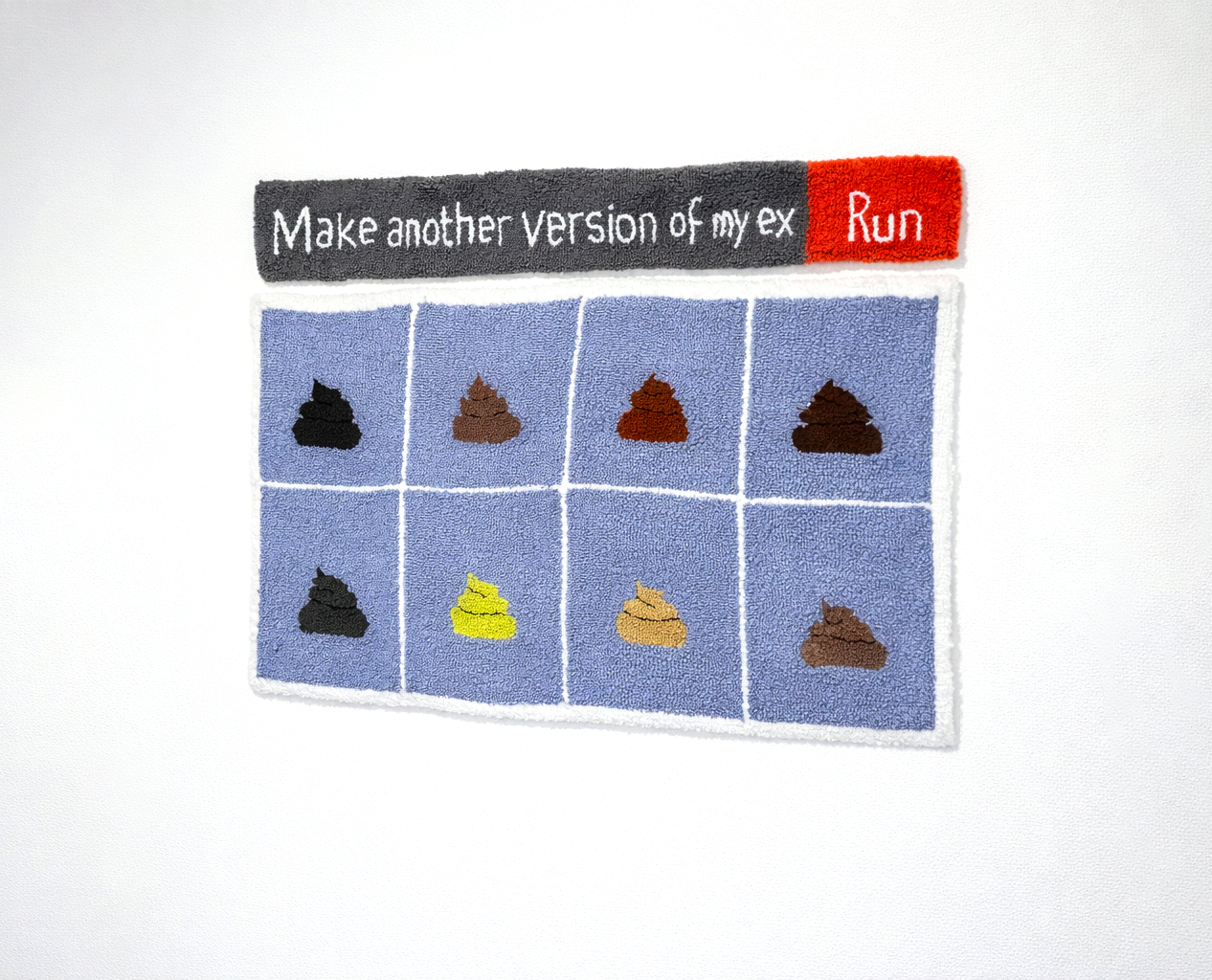 &Eacute;va Ostrowska, Is AI Trying to Tell Me Something?, hand-tufted wool tapestry questioning artificial intelligence emotional awareness, contemporary fiber art about AI companionship, 122 &times; 72 cm, 2023