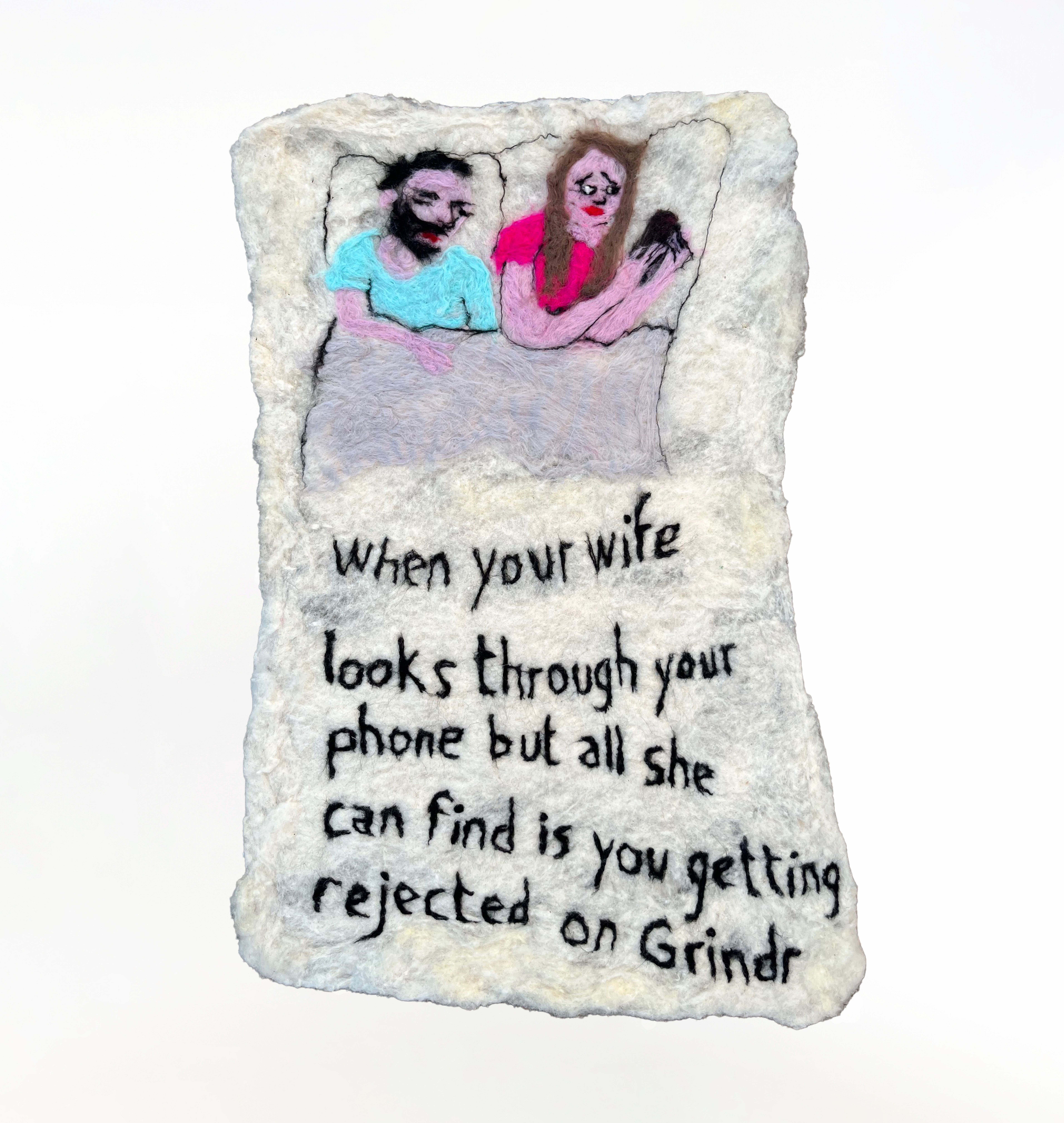 &Eacute;va Ostrowska, Makes Me Sad for Him Though, contemporary textile art about empathy and vulnerability in modern dating culture