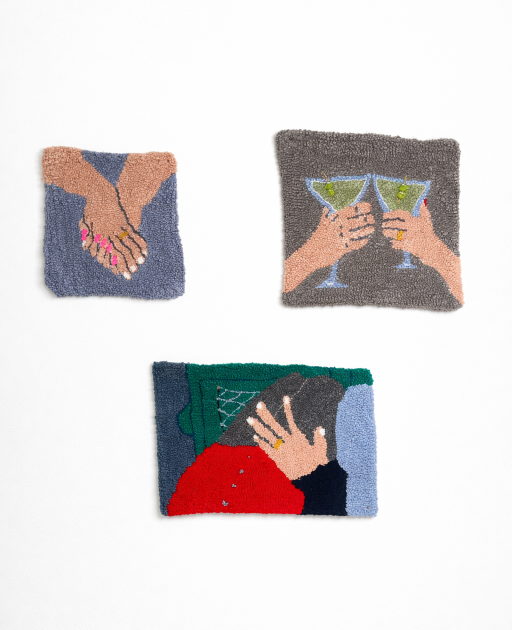 &Eacute;va Ostrowska, Married People Identifying Themselves as Single, tufted wool triptych depicting three intimate scenes of hands holding cocktails clinking and a couple kissing, contemporary textile art about infidelity and dishonesty in modern dating culture