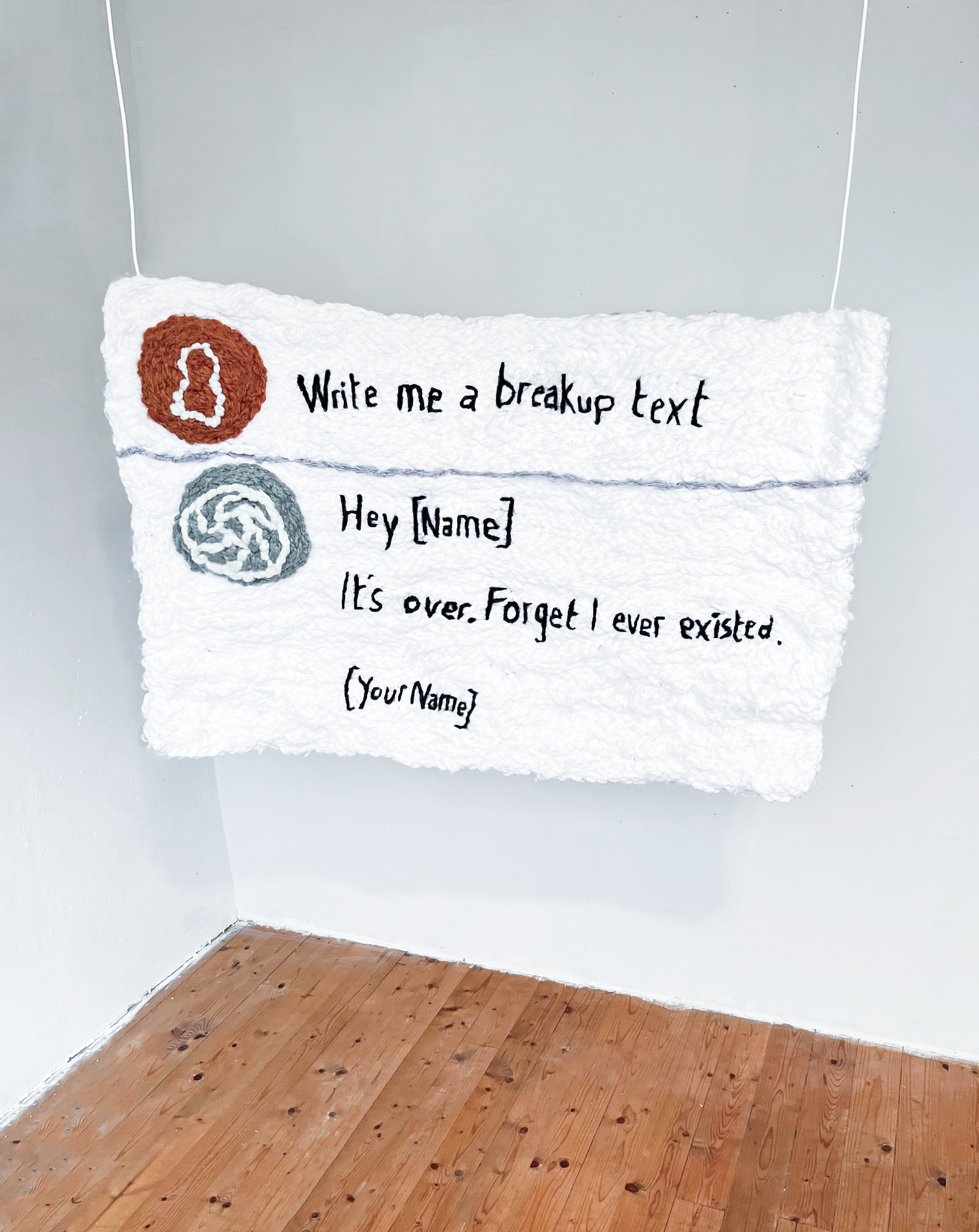 &Eacute;va Ostrowska, Maybe I'd Rather Be Ghosted, hand-tufted wool tapestry about digital disappearance and rejection in human-AI communication, contemporary textile art about ghosting and emotional withdrawal, 2023