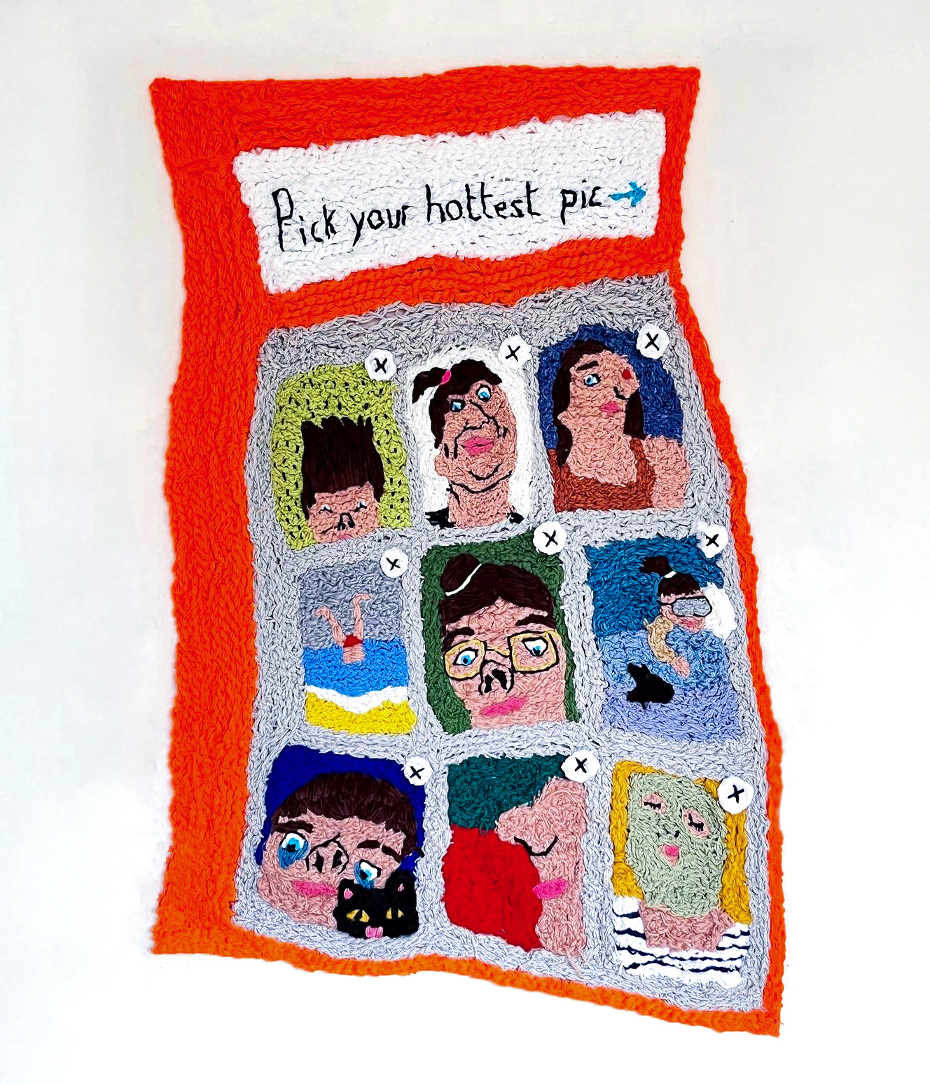 &Eacute;va Ostrowska, Pick Your Hottest Pics, tufted wool textile artwork depicting a dating app photo selection grid with nine profile pictures, contemporary art about online self-presentation and dating culture