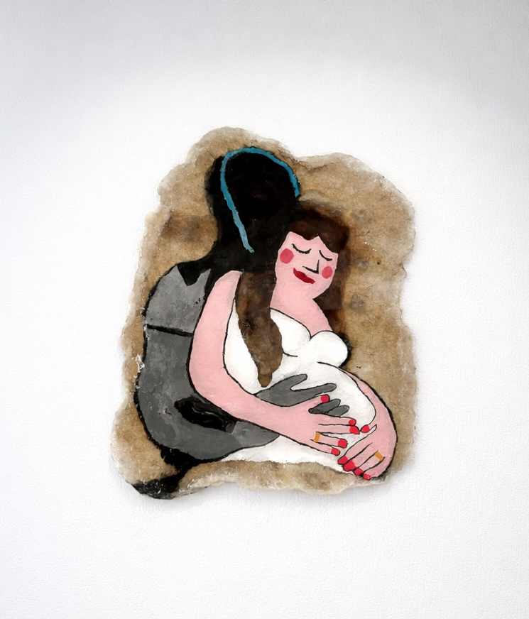 &Eacute;va Ostrowska, Relationships of the Future, wool epoxy and acrylic relief sculpture about AI companionship, robotic intimacy and the future of love, 75 &times; 55 cm, 2025