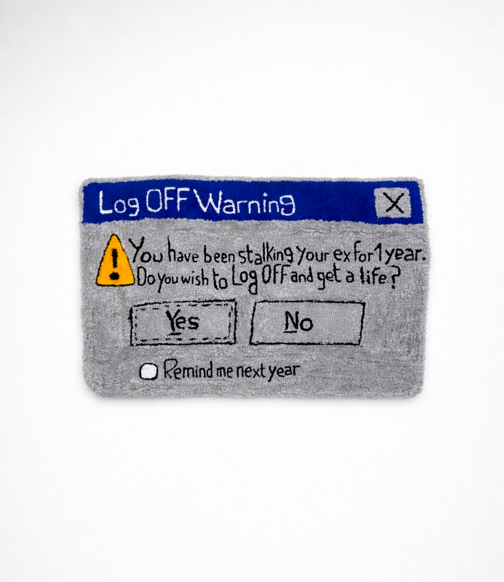 &Eacute;va Ostrowska, Remind Me Next Year, tufted wool and hand embroidery textile artwork about digital dating and modern romantic avoidance, contemporary fiber art, 2024