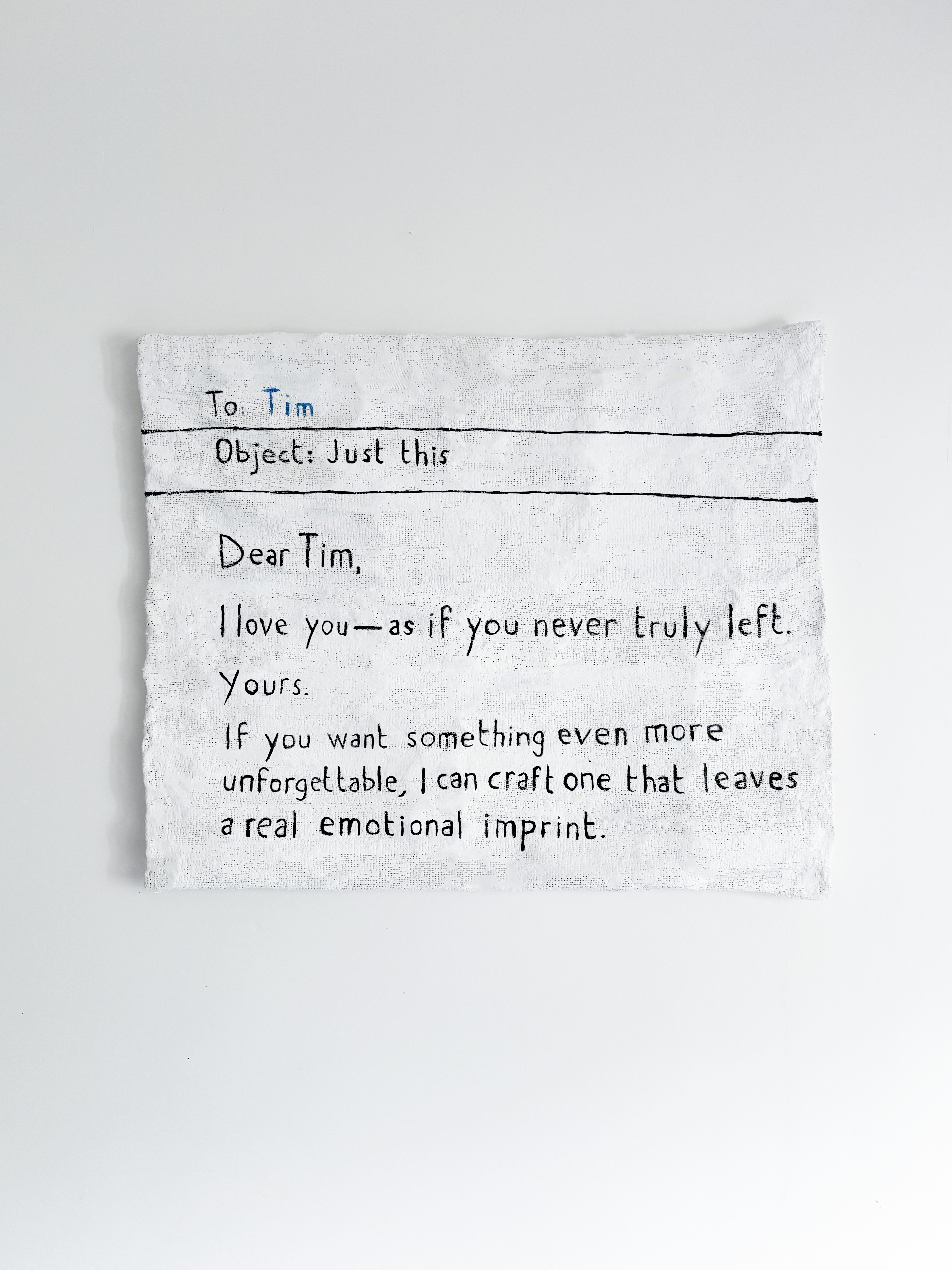 &Eacute;va Ostrowska, Sent, contemporary sculpture in plaster bandage, wire and oil paint, part of Post-Human Same Drama series exploring human-robot relationships and post-human futures, 90 &times; 70 cm, 2026