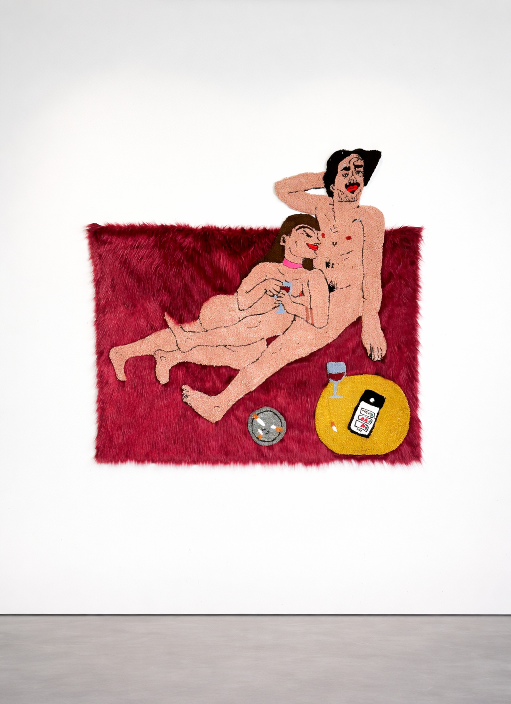 &Eacute;va Ostrowska, Sex Red Wine Cigarettes and Notifications from Your Ex-Girlfriend, large-scale tufted wool and fake fur tapestry depicting an intimate scene with a phone showing ex notifications, contemporary textile art about digital distraction and dating fatigue, 170 &times; 170 cm, 2023