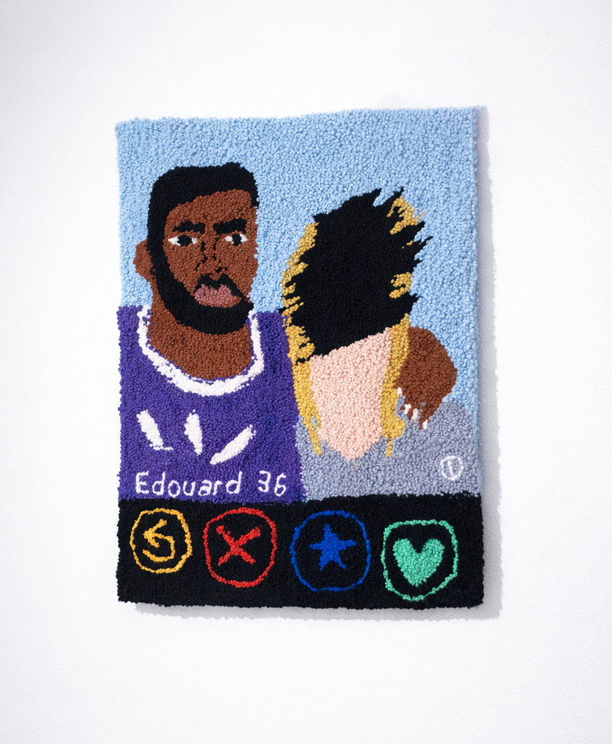 &Eacute;va Ostrowska, So Apparently I'm on Tinder, hand-tufted wool textile artwork about dating app culture and digital identity, contemporary fiber art, 51 &times; 71 cm, 2022