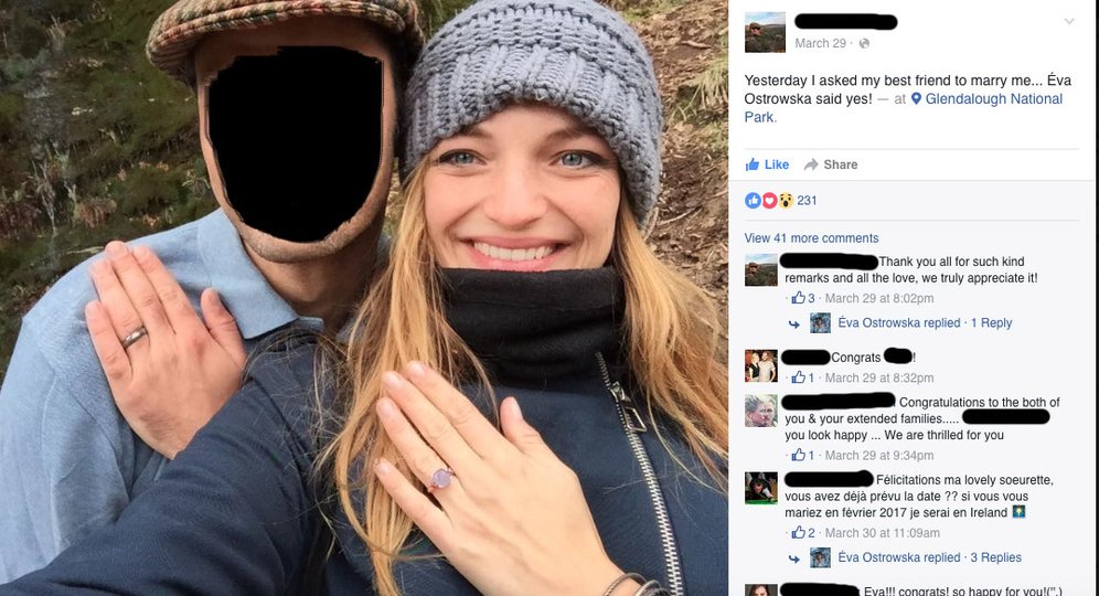 The Facebook post announcing the engagement of &Eacute;va Ostrowska at Glendalough National Park, Ireland, March 2016, with 231 reactions and messages of congratulation, the face of the fiance blacked out