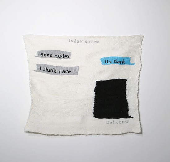&Eacute;va Ostrowska, Sorry Not Sorry, installation view of textile artworks about sexting culture and digital intimacy, contemporary art, 2023