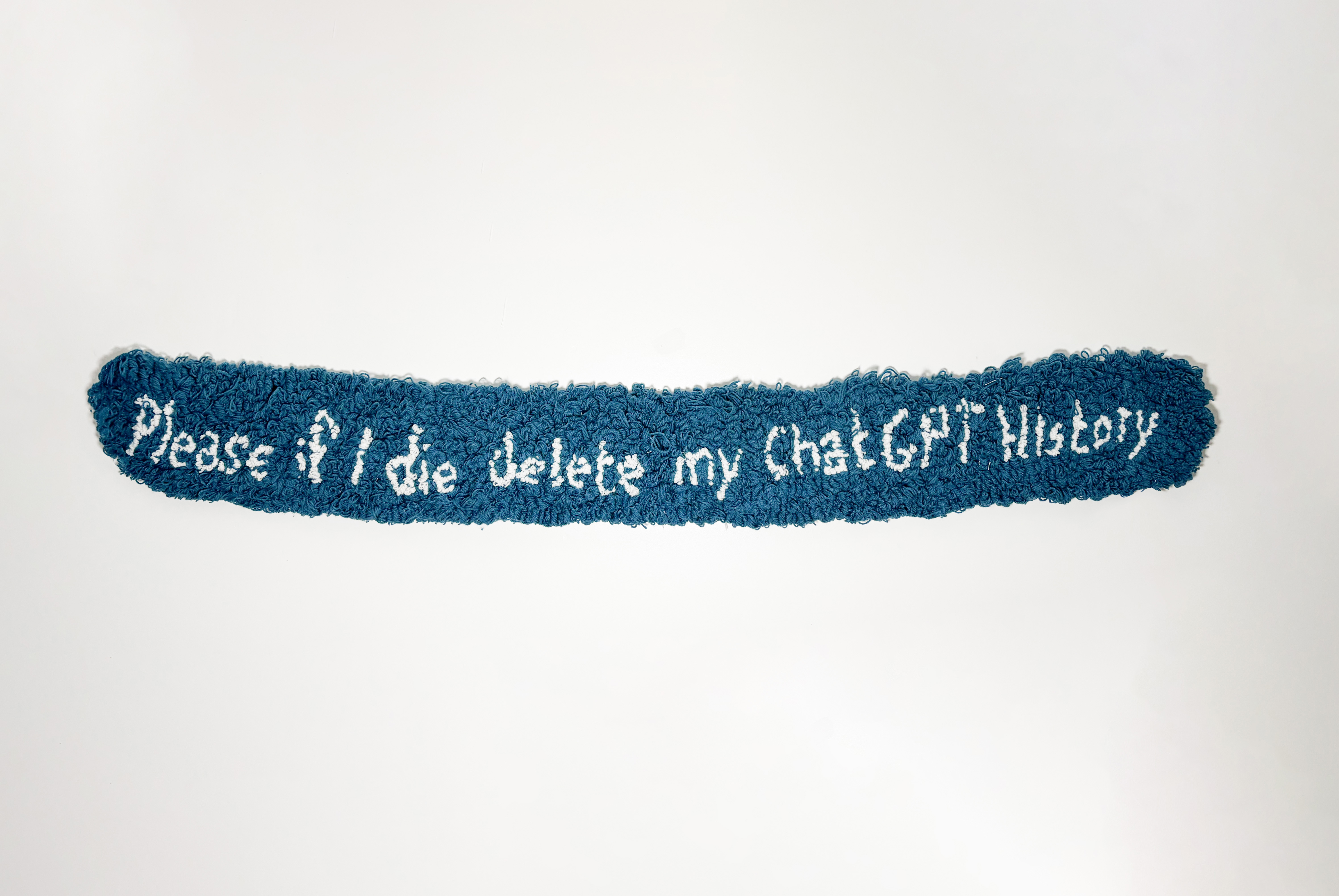 &Eacute;va Ostrowska, Testament, latch-hooked textile artwork reading Please if I die delete my ChatGPT History, contemporary fiber art about digital legacy and AI dependency, blue tufted wool on white background, 220 &times; 38 cm, 2026