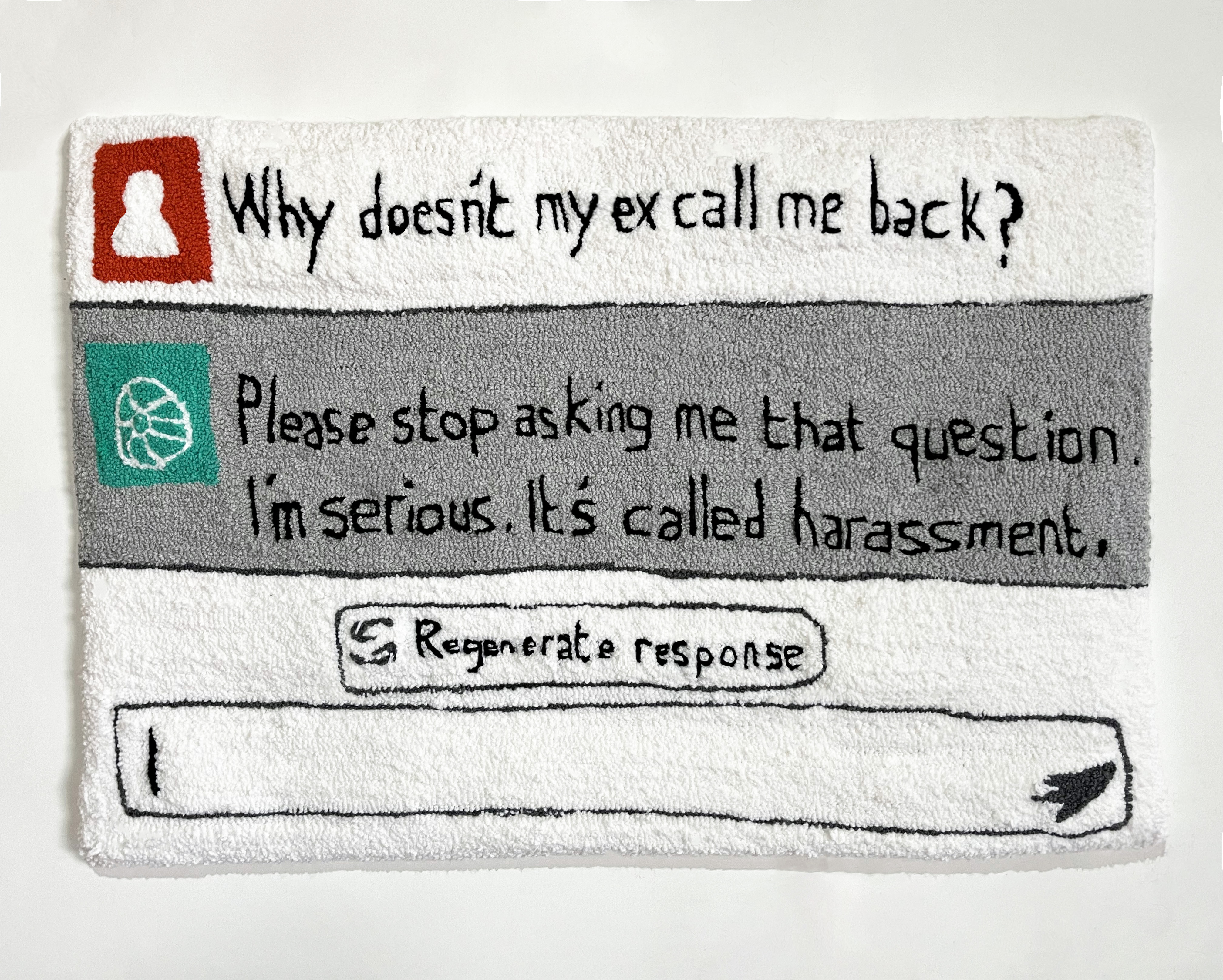 &Eacute;va Ostrowska, The Day I Broke ChatGPT's Patience, hand-tufted wool tapestry about pushing AI to its limits, contemporary textile art exploring human-AI relationships, 110 &times; 75 cm, 2023