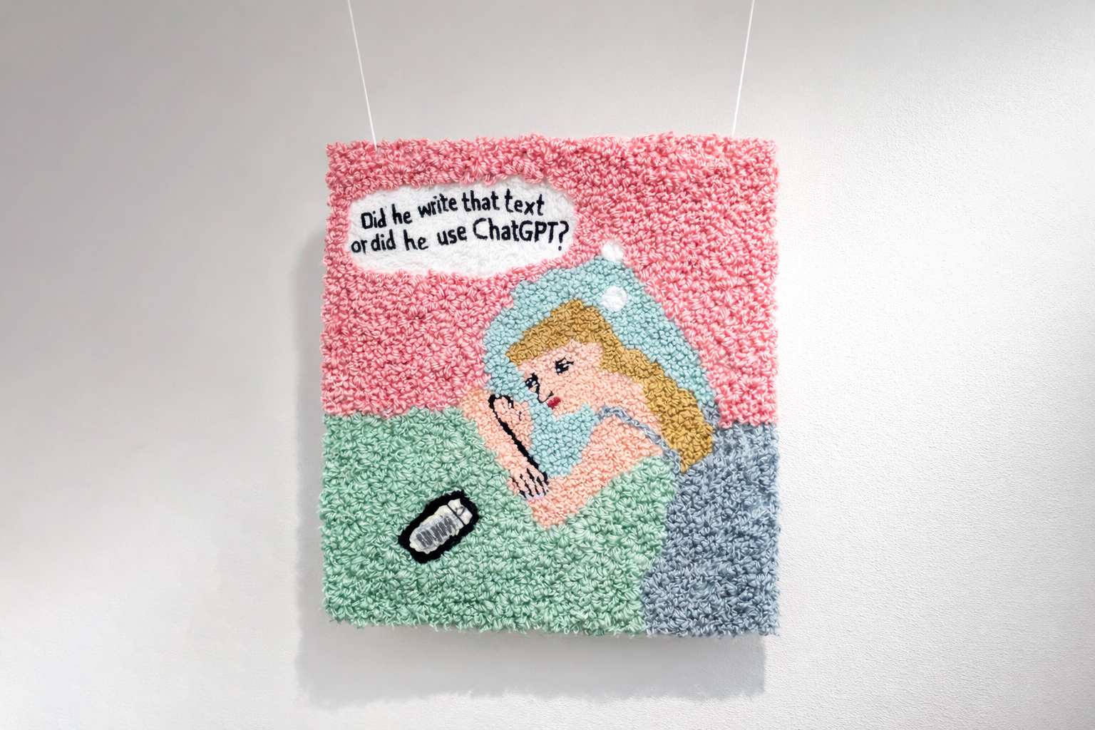 &Eacute;va Ostrowska, Trust Issues in the AI Era, hand-tufted wool tapestry exploring distrust and vulnerability in human-AI relationships, contemporary textile art about artificial intelligence and emotional skepticism, 2023