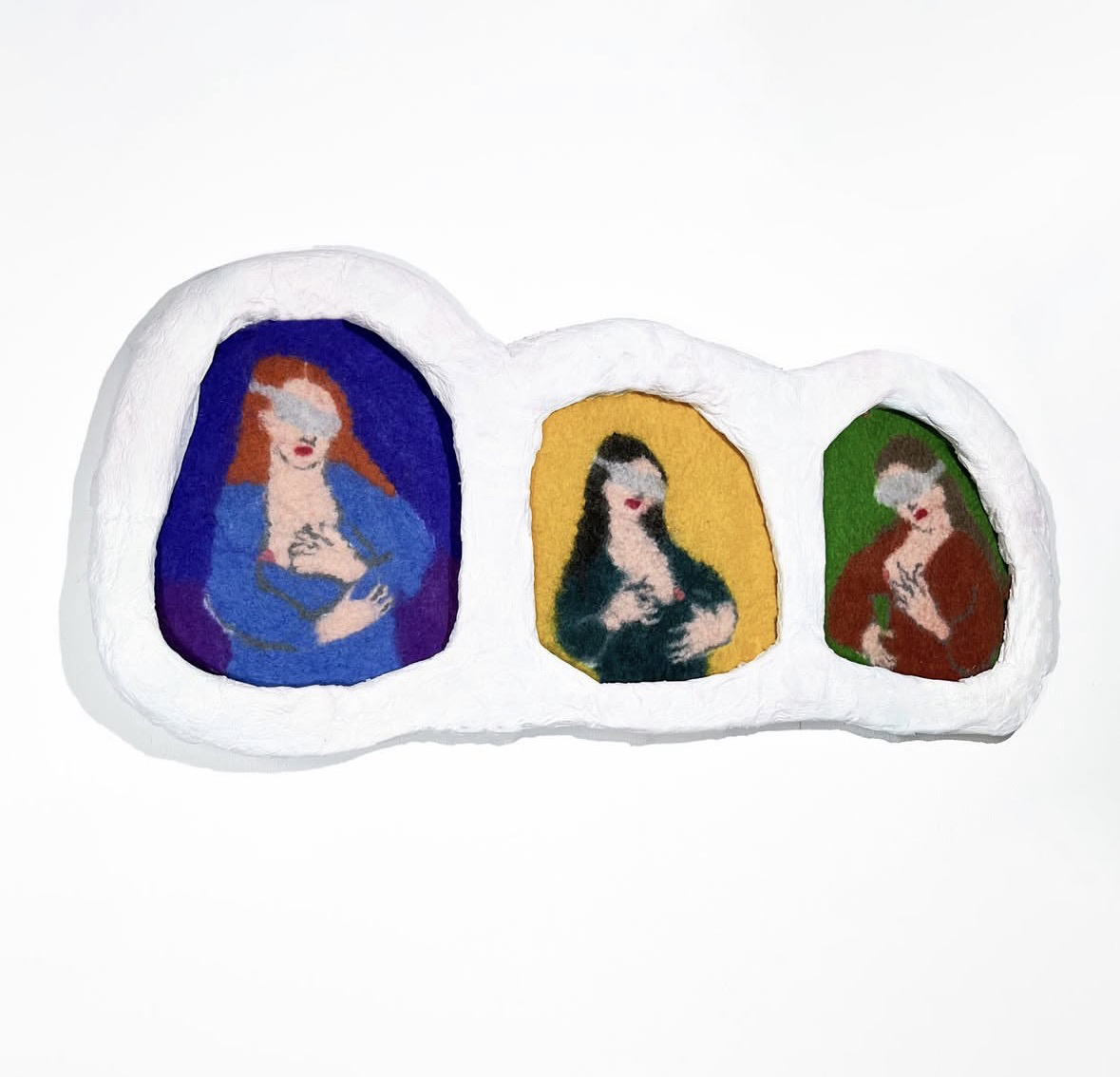 &Eacute;va Ostrowska, Virgin and Child of the Future, felted merino wool dyed wool Jesmonite and papier-m&acirc;ch&eacute; sculpture reimagining motherhood with a robot child, contemporary art about post-human family and future domesticity, 100 &times; 53 cm, 2024