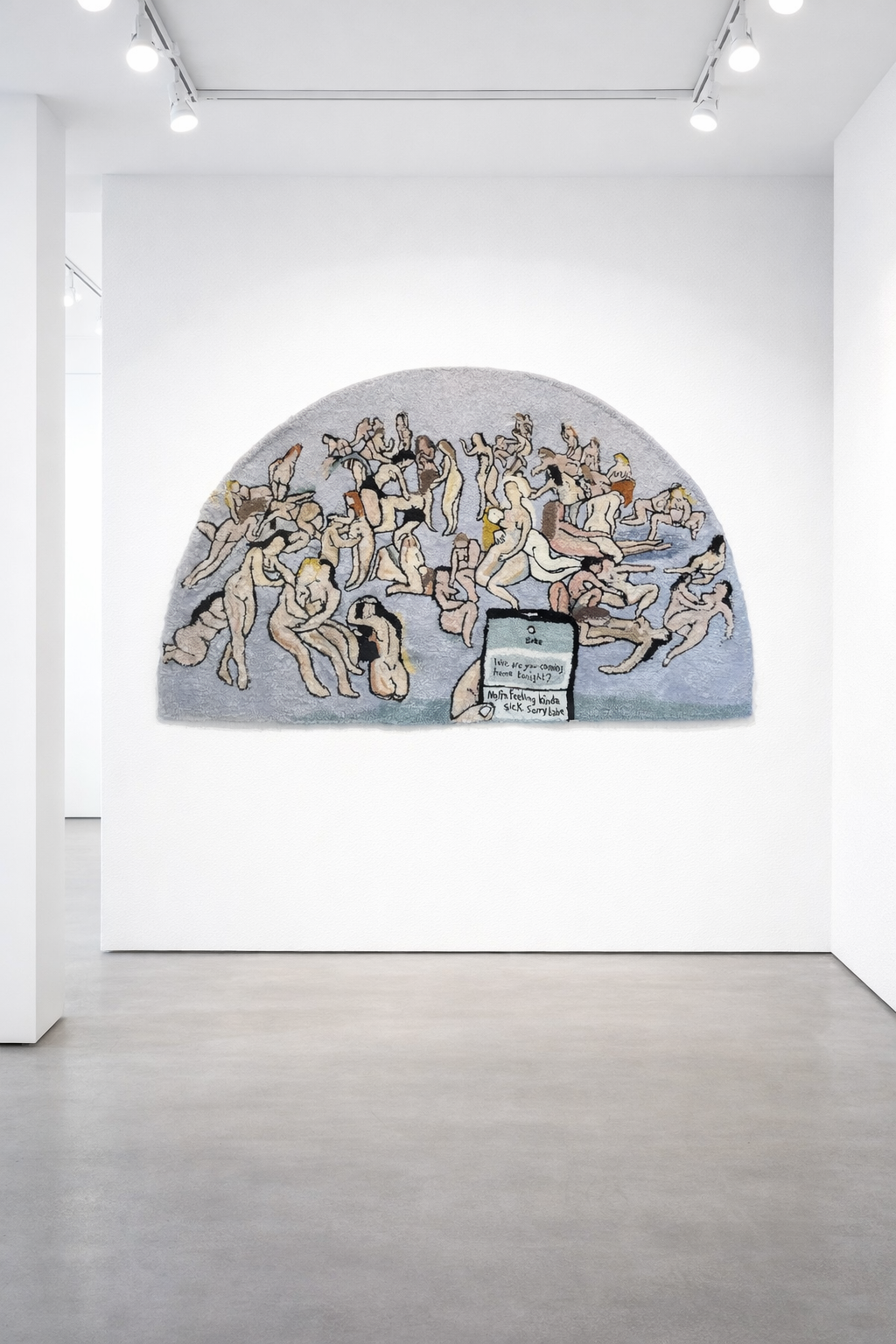 &Eacute;va Ostrowska, When She's Home Alone but You Have Better Things to Do, monumental hand-woven tapestry about digital neglect in modern relationships, contemporary textile art about dating fatigue, 2023