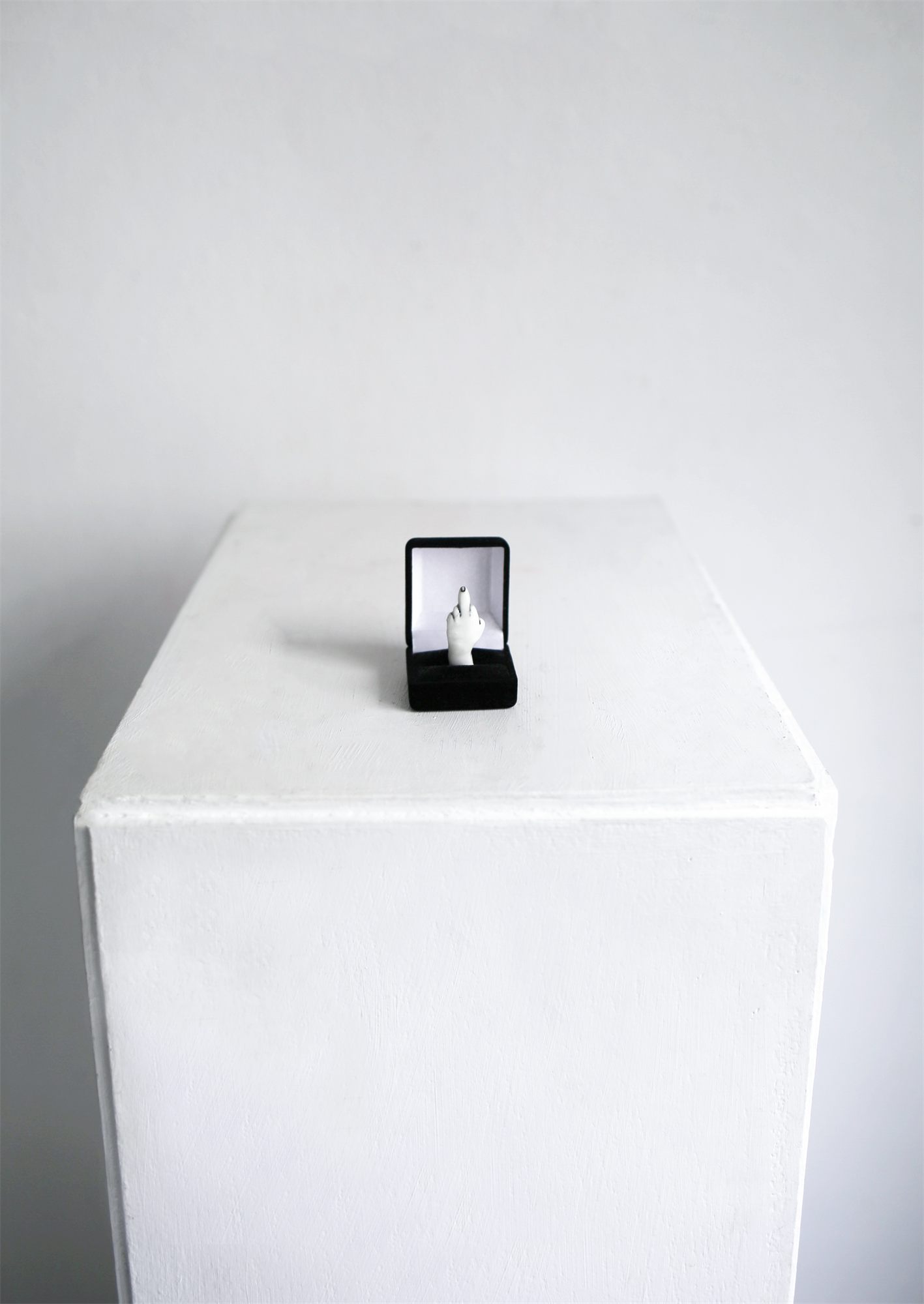 Eva Ostrowska, Will You Marry Me, porcelain hand in ring box, installation view on white pedestal, 2019